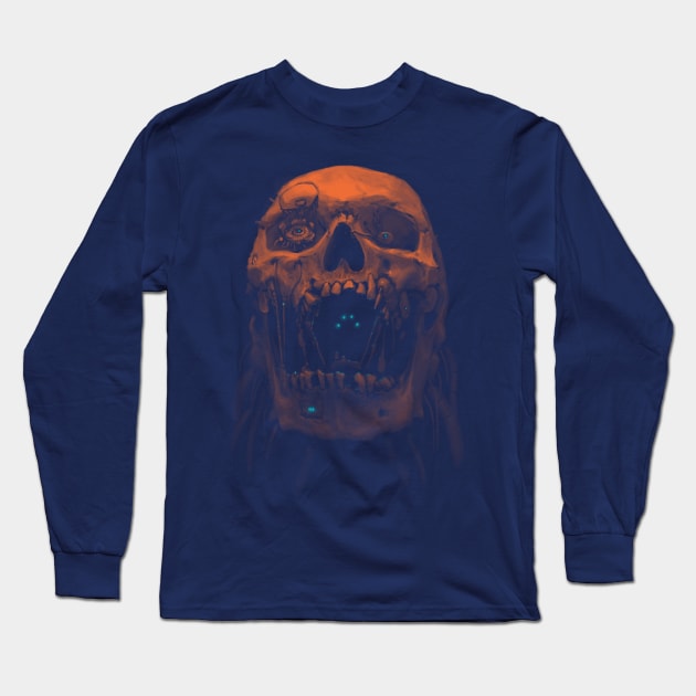 Robot Cyborg Skull Sci-Fi T shirt - Orange Long Sleeve T-Shirt by KalebLechowsk